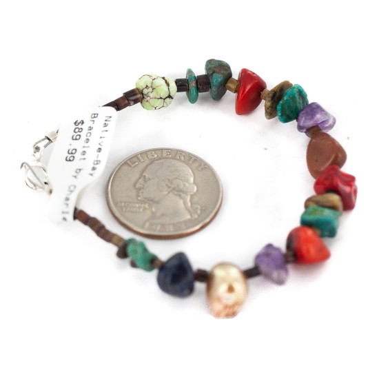 .925 Sterling Silver Navajo Certified Authentic Natural Turquoise Multicolor Stones Native American Bracelet 13178-2