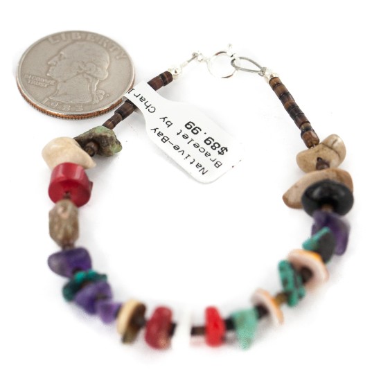 .925 Sterling Silver Navajo Certified Authentic Natural Turquoise Multicolor Stones Native American Bracelet 13178-1
