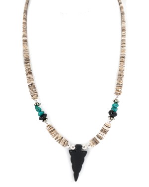 .925 Sterling Silver Arrow Certified Authentic Navajo Natural Turquoise Black Onyx Graduated Melon Shell Native American Necklace 750237-4
