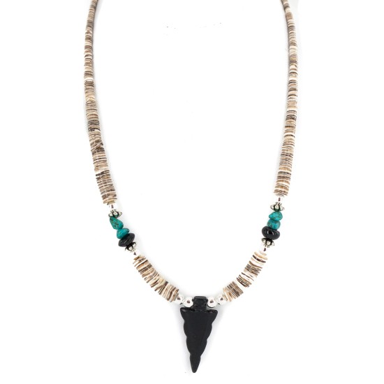 .925 Sterling Silver Arrow Certified Authentic Navajo Natural Turquoise Black Onyx Graduated Melon Shell Native American Necklace 750237-4