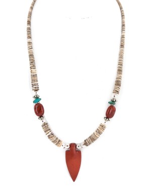 .925 Sterling Silver Arrow Certified Authentic Navajo Natural Turquoise Red Jasper Graduated Melon Shell Native American Necklace 750237-5 .925 Sterling Silver Arrow Certified Authentic Navajo Natural Turquoise Red Jasper Graduated Melon Shell Native American Necklace 750237-5