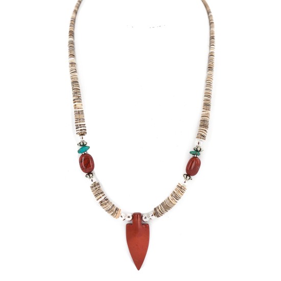 .925 Sterling Silver Arrow Certified Authentic Navajo Natural Turquoise Red Jasper Graduated Melon Shell Native American Necklace 750237-5 .925 Sterling Silver Arrow Certified Authentic Navajo Natural Turquoise Red Jasper Graduated Melon Shell Native American Necklace 750237-5