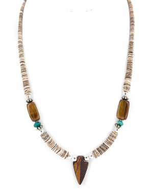 .925 Sterling Silver Arrow Certified Authentic Navajo Natural Turquoise Tigers Eye Graduated Melon Shell Native American Necklace 750237-2