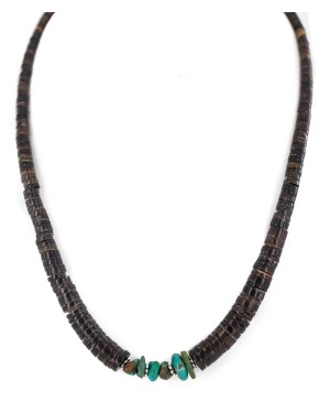 .925 Sterling Silver Certified Authentic Navajo Natural Turquoise Graduated Heishi Native American Necklace 750237-1