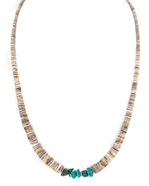 .925 Sterling Silver Certified Authentic Navajo Natural Turquoise Graduated Melon Shell Native American Necklace 750237