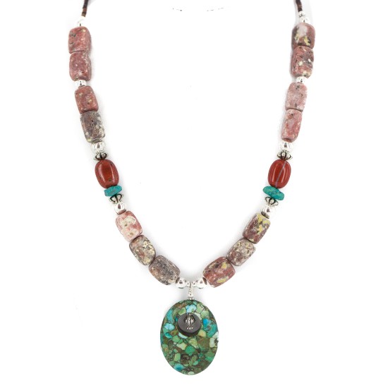 .925 Sterling Silver Certified Authentic Navajo Natural Turquoise Jasper Charoite Native American Necklace 750237-7