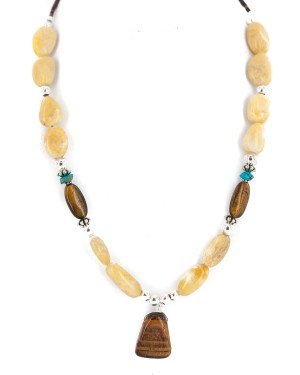 .925 Sterling Silver Certified Authentic Navajo Natural Turquoise Tigers Eye Agate Native American Necklace 750238-1