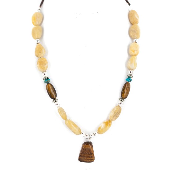 .925 Sterling Silver Certified Authentic Navajo Natural Turquoise Tigers Eye Agate Native American Necklace 750238-1