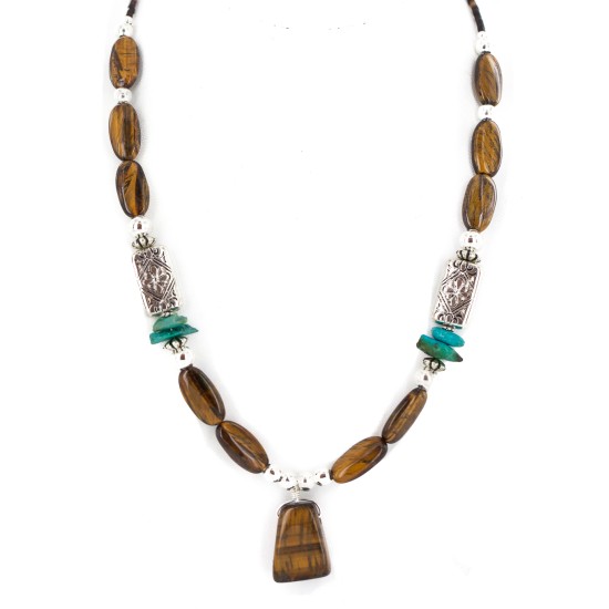 .925 Sterling Silver Certified Authentic Navajo Natural Turquoise Tigers Eye Native American Necklace 750237-6