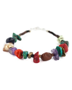 .925 Sterling Silver Navajo Certified Authentic Natural Turquoise Multicolor Stones Native American Bracelet 13178-2