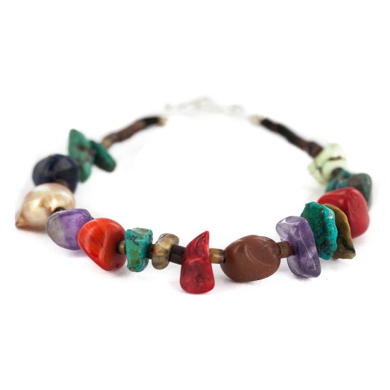 .925 Sterling Silver Navajo Certified Authentic Natural Turquoise Multicolor Stones Native American Bracelet 13178-2