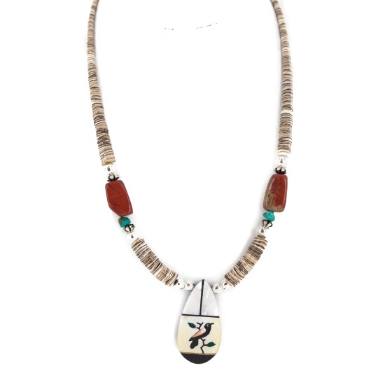 Bird Certified Authentic Navajo .925 Sterling Silver Inlay Natural Turquoise Mother of Pearl Red Jasper Black Onyx Native American Necklace 750238-10