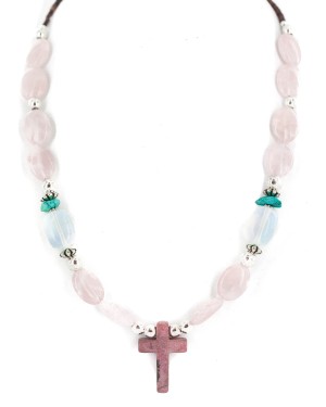Cross .925 Sterling Silver Certified Authentic Navajo Natural Turquoise Opalite Pink Quartz Charoite Native American Necklace 750237-10 Cross .925 Sterling Silver Certified Authentic Navajo Natural Turquoise Opalite Pink Quartz Charoite Native American Necklace 750237-10