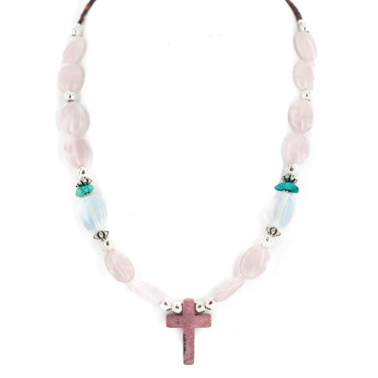 Cross .925 Sterling Silver Certified Authentic Navajo Natural Turquoise Opalite Pink Quartz Charoite Native American Necklace 750237-10 Cross .925 Sterling Silver Certified Authentic Navajo Natural Turquoise Opalite Pink Quartz Charoite Native American Necklace 750237-10