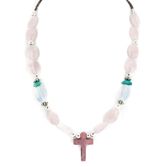 Cross .925 Sterling Silver Navajo Natural Turquoise Opalite Pink Quartz Charoite Native American Necklace 750237-10 Cross .925 Sterling Silver Navajo Natural Turquoise Opalite Pink Quartz Charoite Native American Necklace 750237-10