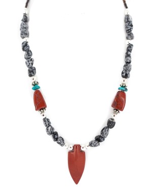 Cross .925 Sterling Silver Certified Authentic Navajo Natural Turquoise Red Jasper Snowflake Obsidian Native American Necklace 750238-9