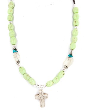 Cross .925 Sterling Silver Certified Authentic Navajo White Howlite Gaspeite Native American Necklace 750237-9