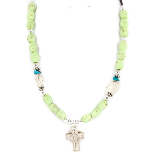 Cross .925 Sterling Silver Certified Authentic Navajo White Howlite Gaspeite Native American Necklace 750237-9