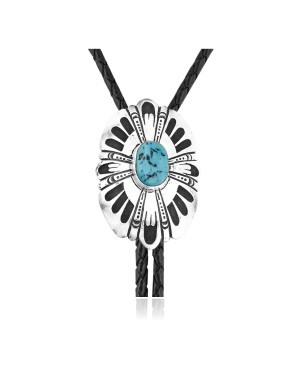 Handmade Certified Authentic Navajo .925 Sterling Silver Native American Natural Turquoise Bolo Tie 34233