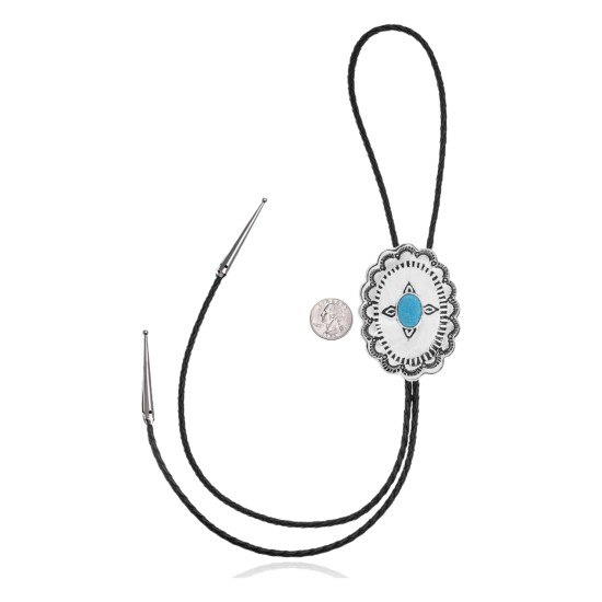 Sun .925 Sterling Silver Certified Authentic Handmade Navajo Native American Natural Turquoise Bolo Tie 34234