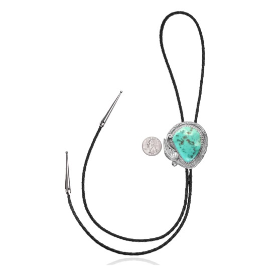 Feather .925 Sterling Silver Certified Authentic Handmade Navajo Native American Natural Turquoise Bolo Tie 34235