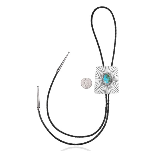 Handmade Certified Authentic Navajo .925 Sterling Silver Native American Natural Turquoise Bolo Tie 34238