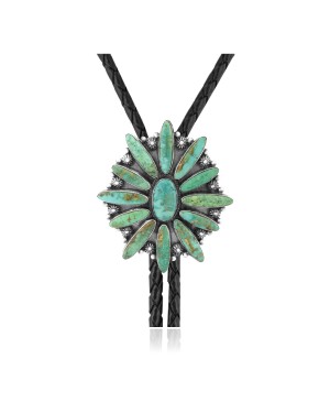 Flower .925 Sterling Silver Certified Authentic Handmade Navajo Native American Natural Turquoise Bolo Tie 34239