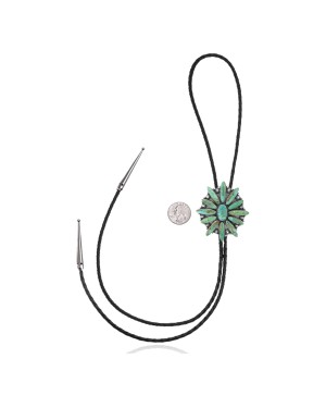 Flower .925 Sterling Silver Certified Authentic Handmade Navajo Native American Natural Turquoise Bolo Tie 34239