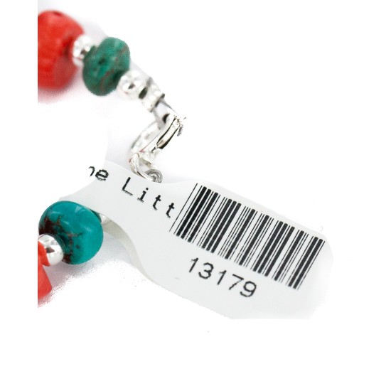.925 Sterling Silver Navajo Certified Authentic Natural Turquoise Coral Native American Bracelet 13179