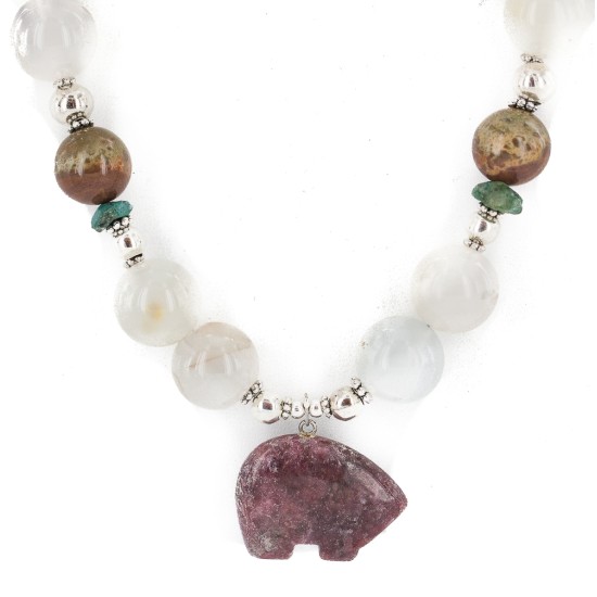.925 Sterling Silver Certified Authentic Navajo Natural Turquoise Quartz Charoite Agate Native American Necklace 24514-13