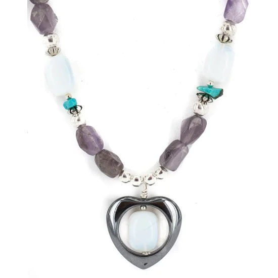 .925 Sterling Silver Heart Navajo Natural Turquoise Amethyst Opalite Hematite Native American Necklace 24514-12 .925 Sterling Silver Heart Navajo Natural Turquoise Amethyst Opalite Hematite Native American Necklace 24514-12