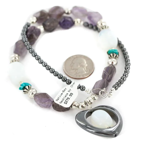 .925 Sterling Silver Heart Navajo Natural Turquoise Amethyst Opalite Hematite Native American Necklace 24514-12 .925 Sterling Silver Heart Navajo Natural Turquoise Amethyst Opalite Hematite Native American Necklace 24514-12