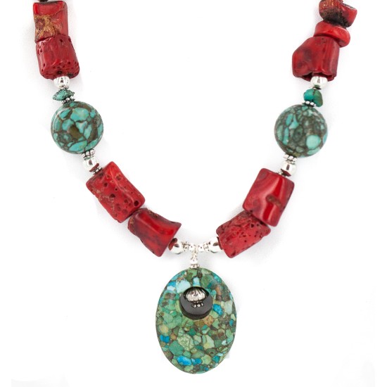 .925 Sterling Silver Certified Authentic Navajo Turquoise Coral Native American Necklace 24214-15