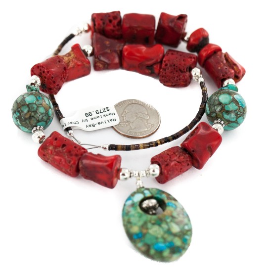 .925 Sterling Silver Certified Authentic Navajo Turquoise Coral Native American Necklace 24214-15