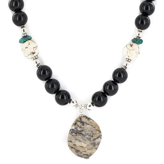 .925 Sterling Silver Navajo White Howlite Jasper Black Onyx Native American Necklace 24512-6 .925 Sterling Silver Navajo White Howlite Jasper Black Onyx Native American Necklace 24512-6