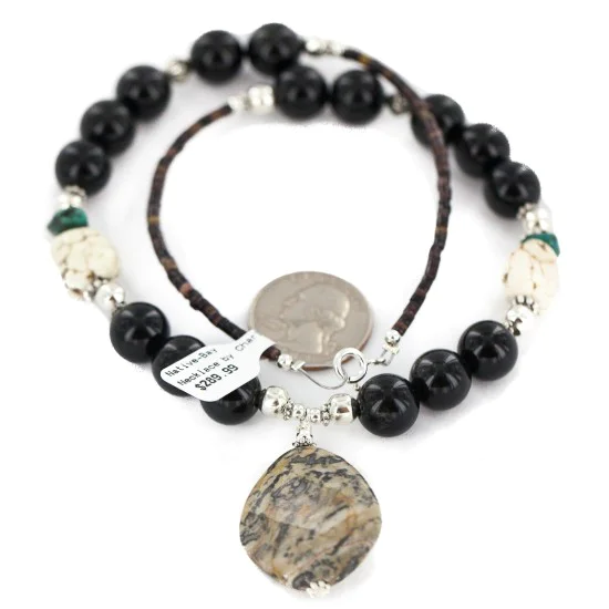 .925 Sterling Silver Navajo White Howlite Jasper Black Onyx Native American Necklace 24512-6 .925 Sterling Silver Navajo White Howlite Jasper Black Onyx Native American Necklace 24512-6
