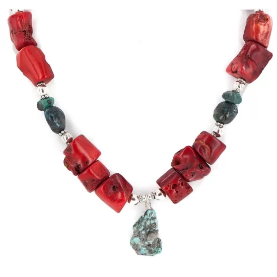 .925 Sterling Silver Navajo Natural Turquoise Coral Native American Necklace 24514-8 .925 Sterling Silver Navajo Natural Turquoise Coral Native American Necklace 24514-8