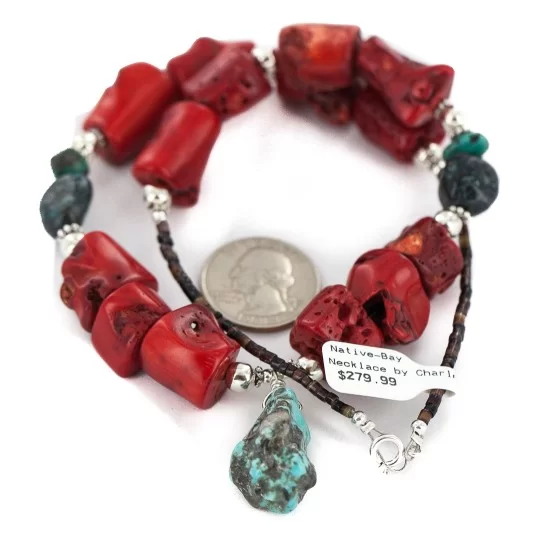 .925 Sterling Silver Navajo Natural Turquoise Coral Native American Necklace 24514-8 .925 Sterling Silver Navajo Natural Turquoise Coral Native American Necklace 24514-8