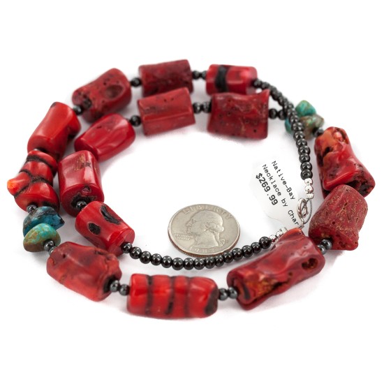 .925 Sterling Silver Certified Authentic Navajo Natural Turquoise Coral Hematite Native American Necklace 24511-1