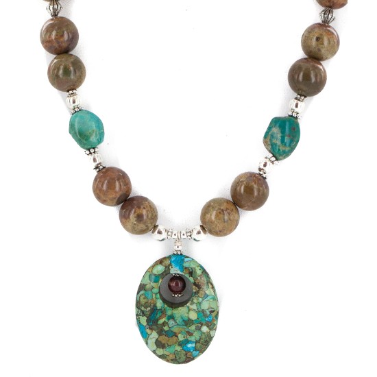 .925 Sterling Silver Certified Authentic Navajo Natural Turquoise Agate Native American Necklace 24514-6
