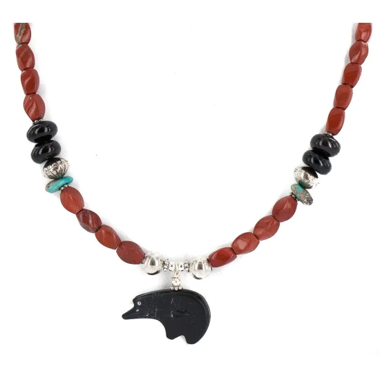 .925 Sterling Silver Navajo Natural Turquoise Red Jasper Black Onyx Jet Native American Necklace 24511-5 .925 Sterling Silver Navajo Natural Turquoise Red Jasper Black Onyx Jet Native American Necklace 24511-5