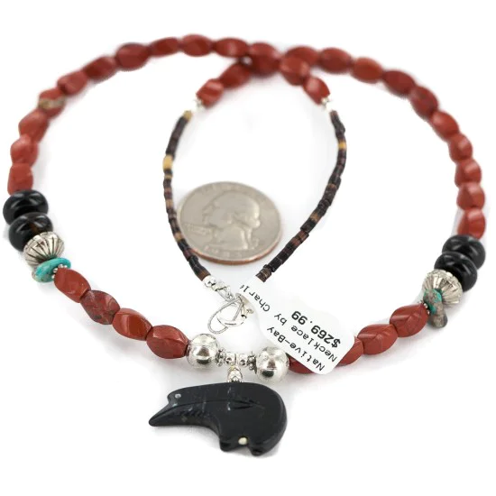 .925 Sterling Silver Navajo Natural Turquoise Red Jasper Black Onyx Jet Native American Necklace 24511-5 .925 Sterling Silver Navajo Natural Turquoise Red Jasper Black Onyx Jet Native American Necklace 24511-5