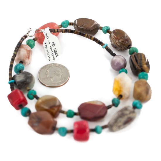 .925 Sterling Silver Certified Authentic Navajo Natural Turquoise Tigers Eye Agate Quartz Amethyst Native American Necklace 24511-4