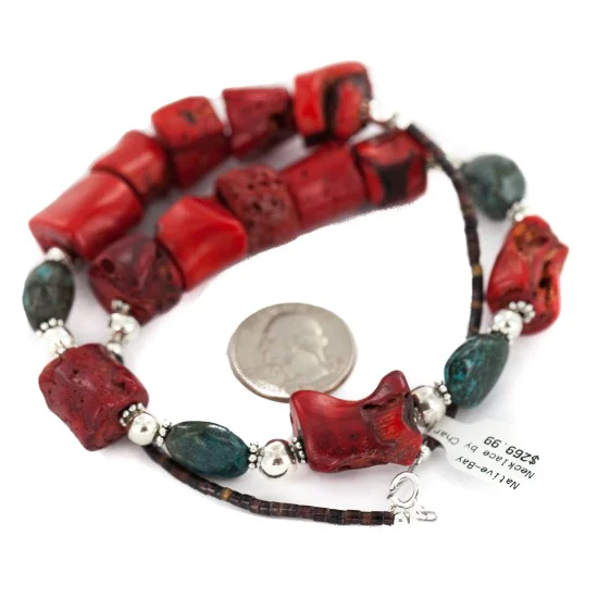 .925 Sterling Silver Navajo Turquoise Coral Native American Necklace 24511-9 .925 Sterling Silver Navajo Turquoise Coral Native American Necklace 24511-9