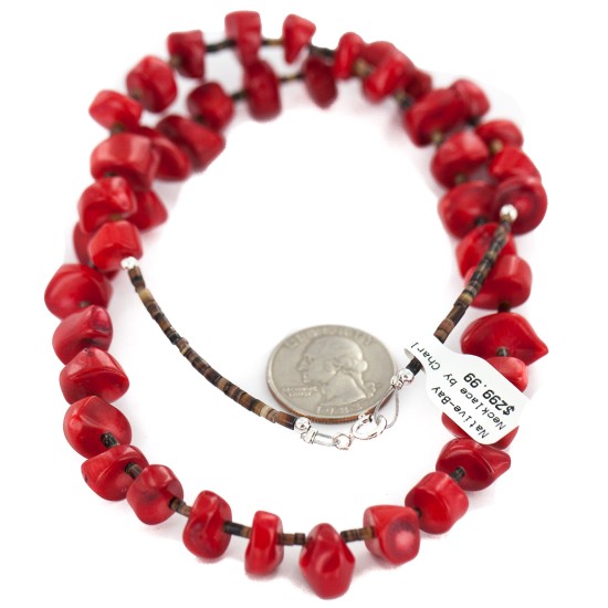 .925 Sterling Silver Certified Authentic Navajo Coral Native American Necklace 24513
