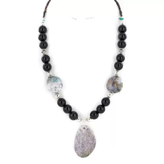 .925 Sterling Silver Navajo Natural Black Onyx Jasper Native American Necklace 24512-8 .925 Sterling Silver Navajo Natural Black Onyx Jasper Native American Necklace 24512-8