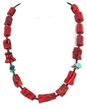 .925 Sterling Silver Certified Authentic Navajo Natural Turquoise Coral Hematite Native American Necklace 24511-1