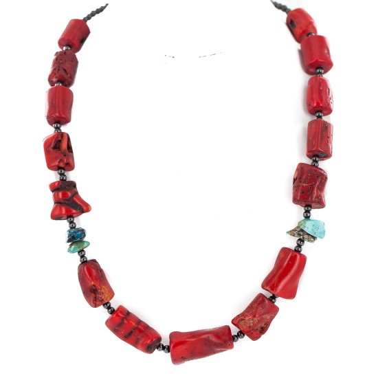 .925 Sterling Silver Certified Authentic Navajo Natural Turquoise Coral Hematite Native American Necklace 24511-1