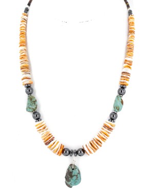 .925 Sterling Silver Certified Authentic Navajo Natural Turquoise Graduated Melon Shell Hematite Native American Necklace 24511-7