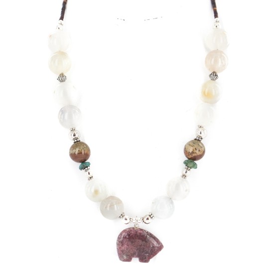 .925 Sterling Silver Certified Authentic Navajo Natural Turquoise Quartz Charoite Agate Native American Necklace 24514-13